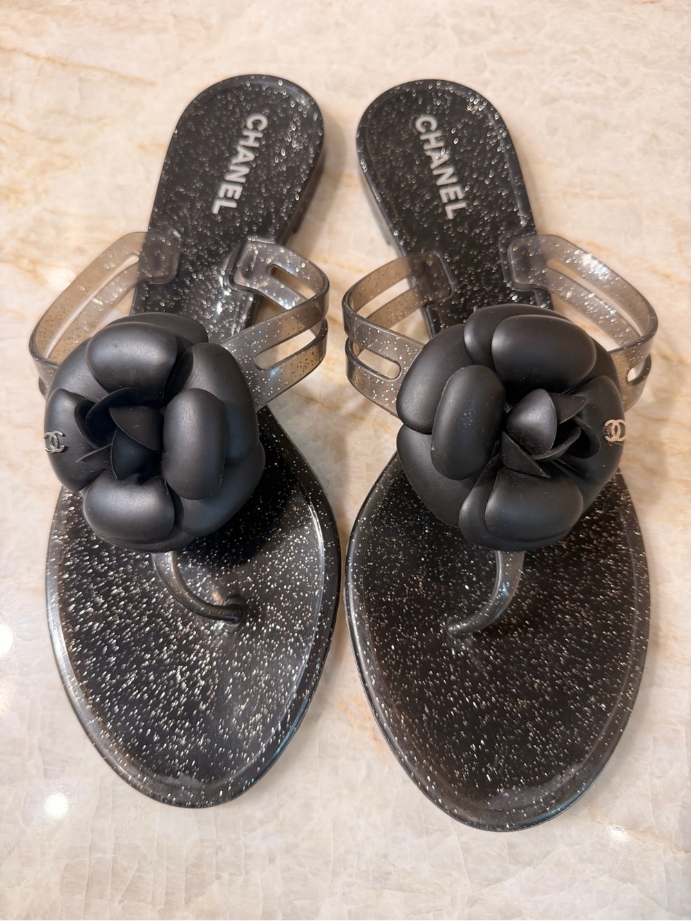 Authentic CHANEL Black Glitter Jelly Camellia Thong Sandals
